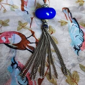 Chunky Large Indigo Lapis Blue Color Lucite Silver Tone Vintage Tassel Pendant